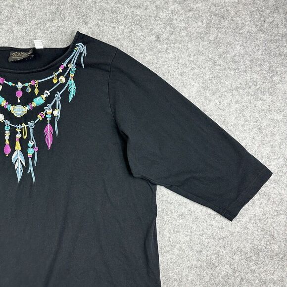 Bob Mackie Shirt Women 1X Black Southwestern Embroidered Wearable Art Tee Blouse - Picture 8 of 16